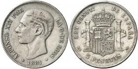 1881*1881. Alfonso XII. MSM/DEM. 5 pesetas. (AC. 43). Rectificación de ensayador poco visible. Golpecitos. 24,48 g. BC+/MBC-.