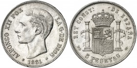 1881*1881. Alfonso XII. MSM. 5 pesetas. (AC. 44). Limpiada. Golpecitos. Buen ejemplar. Escasa. 24,93 g. MBC+.