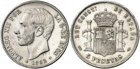 1882/1*1881. Alfonso XII. MSM. 5 pesetas. (AC. 45). Golpecitos. Escasa. 24,94 g. MBC/MBC+.