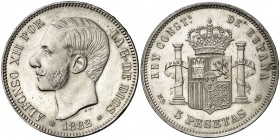 1882/1*1882/1. Alfonso XII. MSM/DEM. 5 pesetas. (AC. 46.1). Rayitas por limpieza. Leves golpecitos. Muy escasa. 24,86 g. EBC-/EBC.