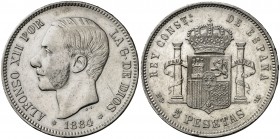 1884*1884. Alfonso XII. MSM/DEM. 5 pesetas. (AC. 56). Golpecitos y rayitas. Rara rectificación. 24,87 g. MBC/MBC+.
