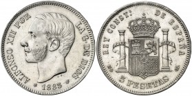 1885/4*1885. Alfonso XII. MSM. 5 pesetas. (AC. 59). Rayitas. Limpiada. Escasa. 24,81 g. (EBC-).