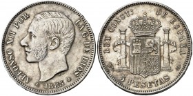 1885*1885. Alfonso XII. MSM. 5 pesetas. (AC. 60). Limpiada. 24,99 g. MBC/MBC+.