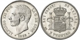 1885*1887. Alfonso XII. MSM/DEM. 5 pesetas. (AC. 61.1). Rayitas. Atractiva. Rara rectificación. 25 g. EBC-.