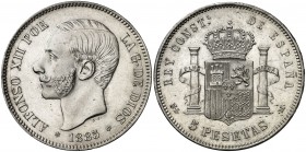 1885*1887. Alfonso XII. MSM. 5 pesetas. (AC. 62). Limpiada. Atractiva. Ex Áureo 15/06/1995, nº 875. 25,04 g. (EBC).
