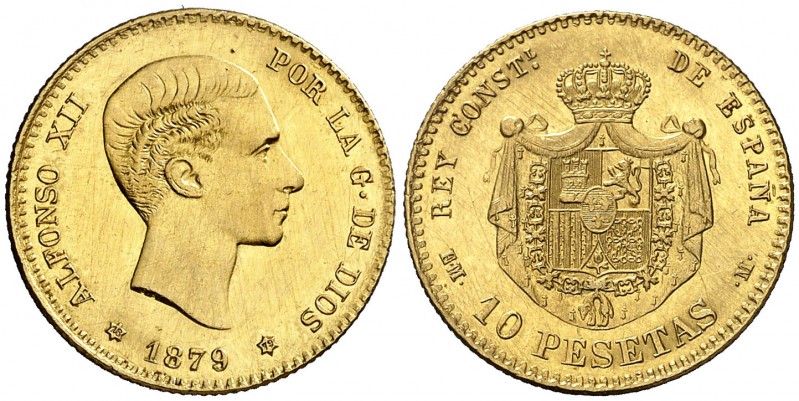 1879*1879. Alfonso XII. EMM. 10 pesetas. (AC. 66). Leves rayitas. Parte de brill...