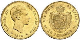1879*1879. Alfonso XII. EMM. 10 pesetas. (AC. 66). Leves rayitas. Parte de brillo original. Ex Áureo 28/05/2002, nº 852. Rara y más así. 3,23 g. MBC+/...