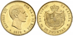 1878*1878. Alfonso XII. EMM. 25 pesetas. (AC. 71). Parte de brillo original. 8,05 g. EBC.