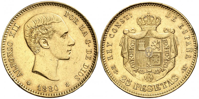 1880*1880. Alfonso XII. MSM/EMM. 25 pesetas. (AC. 78). Golpecitos. Rectificación...