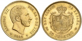 1883*1883. Alfonso XII. MSM. 25 pesetas. (AC. 87). Mínimas rayitas. Parte de brillo original. Rara. 8,06 g. EBC.