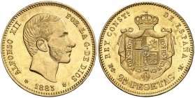 1885*1885. Alfonso XII. MSM. 25 pesetas. (AC. 90). Leves rayitas. Rara. 8,06 g. EBC-/EBC.