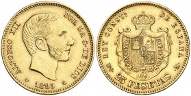 1885*1886. Alfonso XII. MSM. 25 pesetas. (AC. 91). Estrellas perfectas. Buen ejemplar. Ex Áureo 01/07/1997, nº 949. Muy rara. 8,05 g. MBC+/EBC-.