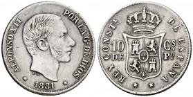 1881/80. Alfonso XII. Manila. 10 centavos. (AC. 93). Golpecitos. Rectificación de fecha muy clara. 2,57 g. MBC.