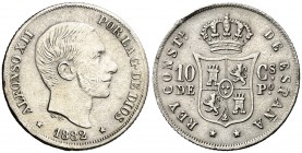 1882. Alfonso XII. Manila. 10 centavos. (AC. 96). Leves marquitas. Buen ejemplar. Escasa así. 2,44 g. MBC+.