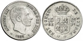 1883/1. Alfonso XII. Manila. 10 centavos. (AC. 97). Mínimas marquitas. Buen ejemplar. Escasa así. 2,57 g. MBC+.
