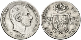 1880. Alfonso XII. Manila. 20 centavos. (AC. 103). Rayitas. Rara. 5,06 g. BC+/MBC-.