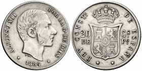 1884. Alfonso XII. Manila. 20 centavos. (AC. 110). Rara. 5,14 g. MBC-.