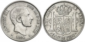 1880. Alfonso XII. Manila. 50 centavos. (AC. 112). En canto: LEY-PATRIA-REY. Leves golpecitos. Rara. 12,80 g. MBC-/MBC.