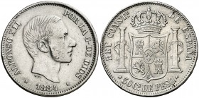 1884. Alfonso XII. Manila. 50 centavos. (AC. 121). En canto: LEY-PATRIA-REY. Rayitas. Rara. 12,99 g. MBC-/MBC.