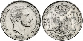 1885/3. Alfonso XII. Manila. 50 centavos. (AC. 123). En canto: LEY-PATRIA-REY. Leves marquitas. 13 g. EBC/EBC+.