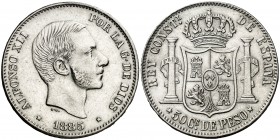 1885. Alfonso XII. Manila. 50 centavos. (AC. 124). En canto: LEY-PATRIA-REY. Bella. Ex Áureo 18/10/1995, nº 1462. 13,04 g. EBC.