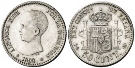 1892/82*92. Alfonso XIII. PGM. 50 céntimos. (AC. 28). Rayitas. Escasa. 2,53 g. EBC-/EBC.