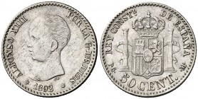 1892/82*62. Alfonso XIII. PGM. 50 céntimos. (AC. 30). Golpecitos. Escasa. 2,48 g. MBC+/MBC.