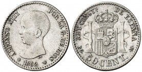 1892/89*22. Alfonso XIII. PGM. 50 céntimos. (AC. 35). Golpecitos. Escasa. 2,50 g. MBC+.
