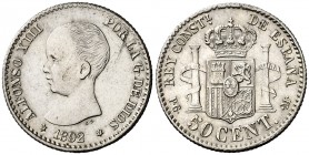 1892/89*82. Alfonso XIII. PGM. 50 céntimos. (AC. 37). Escasa. 2,51 g. EBC-/EBC.