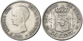 1892*92. Alfonso XIII. PGM. 50 céntimos. (AC. 38). Ex Áureo 21/05/1996, nº 2750. 2,53 g. MBC+.