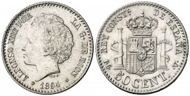 1894*94. Alfonso XIII. PGV. 50 céntimos. (AC. 43). Bella. 2,52 g. EBC.