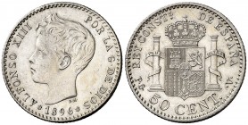 1896*96. Alfonso XIII. PGV. 50 céntimos. (AC. 44). Limpiada. Escasa. 2,47 g. EBC-.