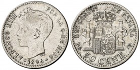 1896*96. Alfonso XIII. PGV. 50 céntimos. (AC. 44). Pabellón de la oreja rayado. Escasa. 2,53 g. MBC-/BC+.