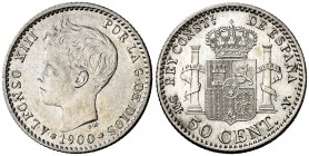 1900*00. Alfonso XIII. SMV. 50 céntimos. (AC. 45). Pabellón de la oreja rayado. 2,43 g. EBC-.