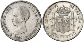 1889*1889. Alfonso XIII. MPM. 1 peseta. (AC. 52). Leves rayitas. Escasa. 5,05 g. MBC+/EBC-.