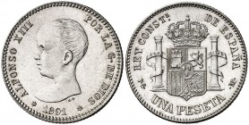 1891*1891. Alfonso XIII. PGM. 1 peseta. (AC. 53). Bella. Parte de brillo original. Escasa así. 4,88 g. EBC.