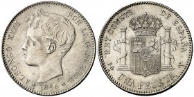 1896*1896. Alfonso XIII. PGV. 1 peseta. (AC. 56). Parte de brillo original. Ex Áureo 21/05/1996, nº 2766. 4,99 g. EBC+.