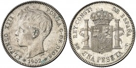 1902*1902. Alfonso XIII. SMV. 1 peseta. (AC. 64). Mínimas marquitas. Parte de brillo original. Escasa. 5,04 g. EBC.