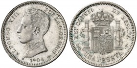 1904*1904. Alfonso XIII. SMV. 1 peseta. (AC. 68). Bella. Ex Áureo 18/10/1995, nº 1499. 4,96 g. EBC+.