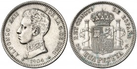 1904*1904. Alfonso XIII. SMV. 1 peseta. (AC. 69). El cero de la estrella partido. Rayitas por limpieza. 5,09 g. (EBC-).