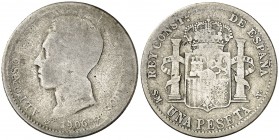 1906*1-81. Alfonso XIII. SMV. 1 peseta. (Barrera 1123). Falsa de época. Fecha inexistente en acuñaciones oficiales. 4,67 g. RC.