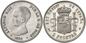 1889*1889. Alfonso XIII. MPM. 2 pesetas. (AC. 82). Rayitas. Buen ejemplar. 9,94 g. EBC-.
