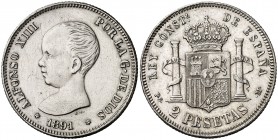 1891/89*1891. Alfonso XIII. PGM. 2 pesetas. (AC. 83). Rayitas. Escasa. 9,95 g. MBC.