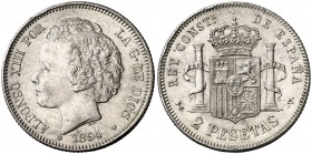 1894*1894. Alfonso XIII. PGV. 2 pesetas. (AC. 86). Leves golpecitos. Atractiva. Escasa. 10 g. EBC-.