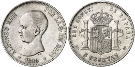 1888*1888. Alfonso XIII. MSM. 5 pesetas. (AC. 89). Golpecitos. Muy rara. 24,70 g. MBC.