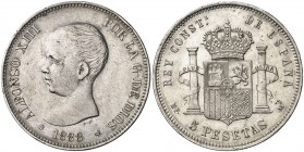 1888*1888. Alfonso XIII. MPM/DEM. 5 pesetas. (AC. 90). Golpecitos. 24,85 g. MBC/MBC+.