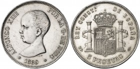 1889*1889. Alfonso XIII. MPM. 5 pesetas. (AC. 93). Abrillantada. 25 g. (MBC+).