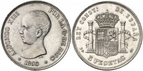 1890*1890. Alfonso XIII. PGM. 5 pesetas. (AC. 97). Leves golpecitos. Buen ejemplar. Ex Áureo 20/09/1995, nº 1768. 25,05 g. EBC-.