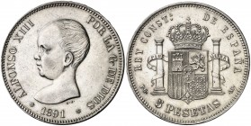 1891*1891. Alfonso XIII. PGM. 5 pesetas. (AC. 98). Limpiada. 24,89 g. (EBC-).