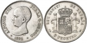 1892*1892. Alfonso XIII. PGM. 5 pesetas. (AC. 99). Tipo "pelón". Leves rayitas. Escasa. 24,94 g. MBC+/EBC-.